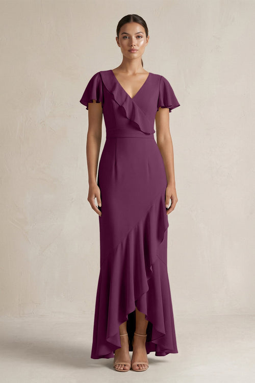 Rufffled V - Neck Sheath Chiffon Bridesmaid Dress in Fig - SHE IS ME Bridesmaid Dresses