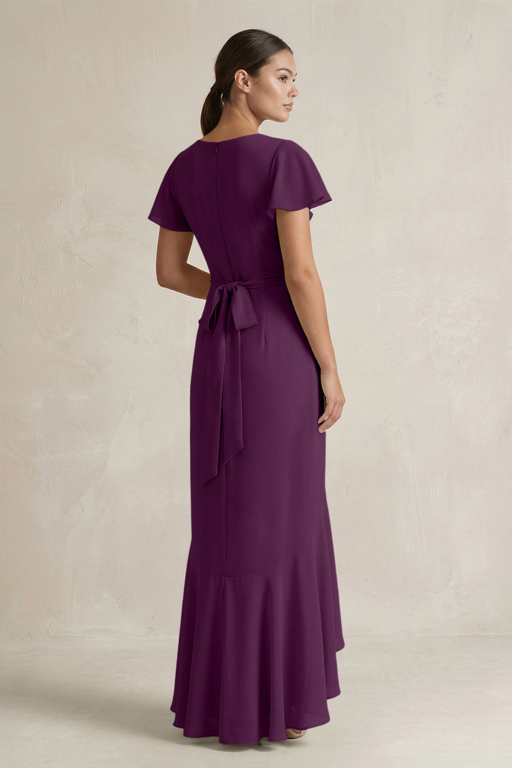 Rufffled V-Neck Sheath Chiffon Bridesmaid Dress in Fig