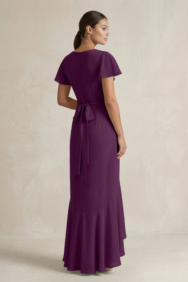 Rufffled V-Neck Sheath Chiffon Bridesmaid Dress in Fig (2) | KISSBRIDAL
