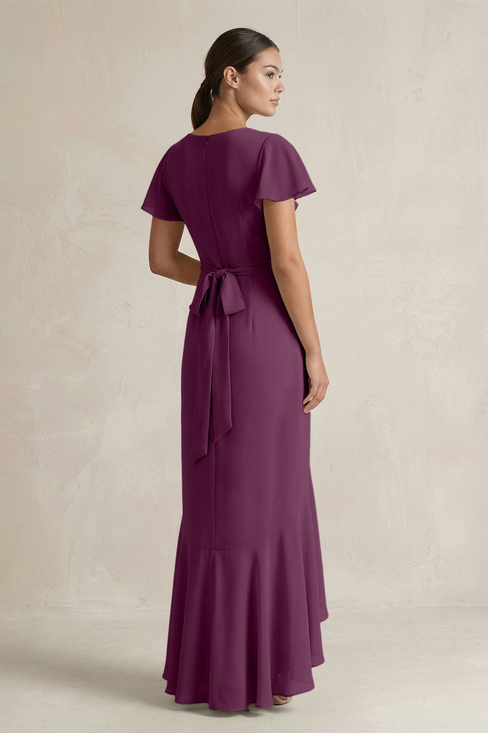 Rufffled V - Neck Sheath Chiffon Bridesmaid Dress in Fig - KISS BRIDAL Bridesmaid Dresses
