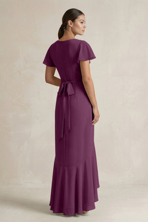 Rufffled V - Neck Sheath Chiffon Bridesmaid Dress in Fig - SHE IS ME Bridesmaid Dresses