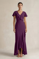 Rufffled V-Neck Sheath Chiffon Bridesmaid Dress in Fig | KISSBRIDAL