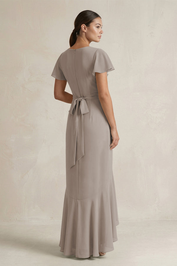 Rufffled V-Neck Sheath Chiffon Bridesmaid Dress in Frost (2) | KISSBRIDAL