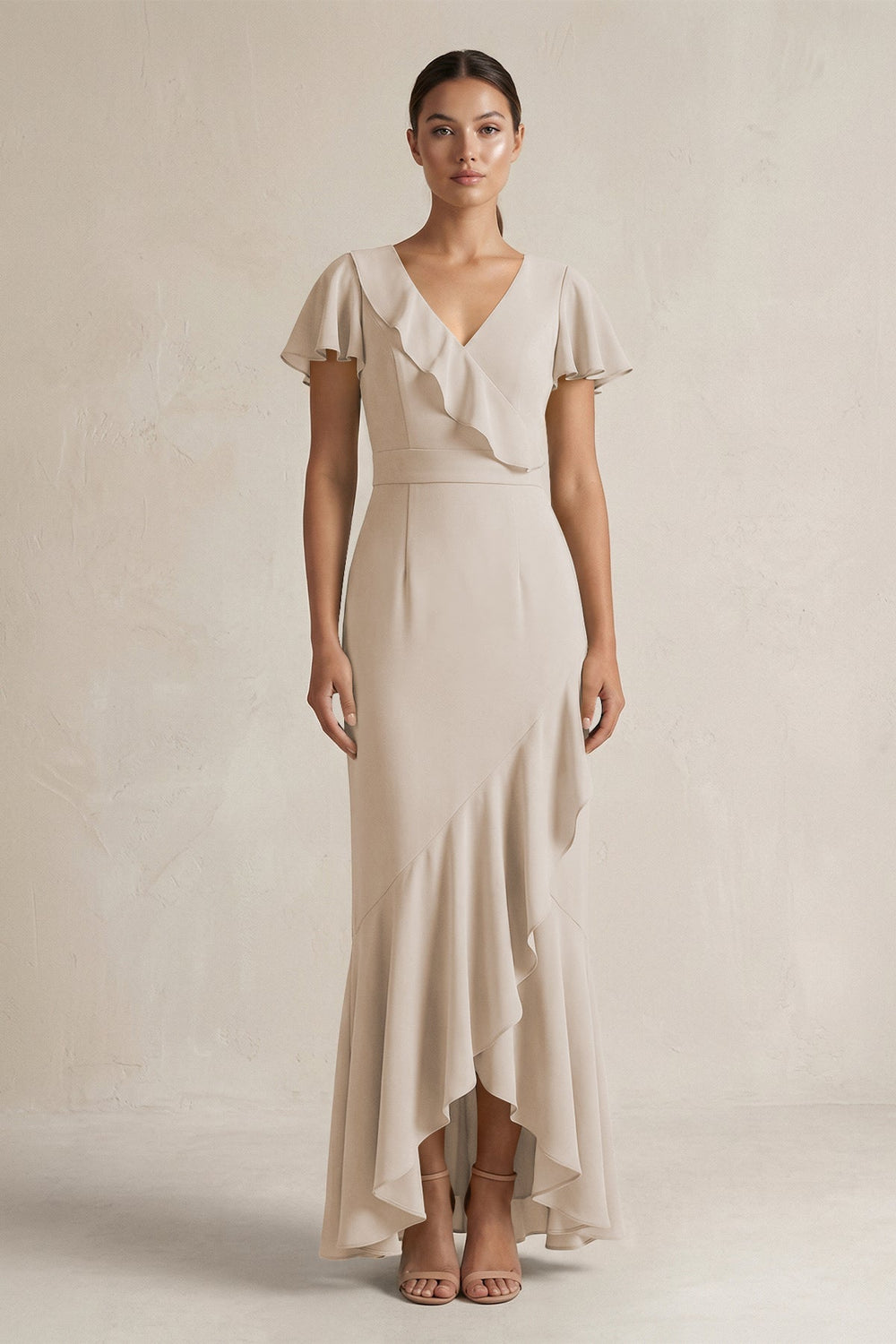 Rufffled V - Neck Sheath Chiffon Bridesmaid Dress in Frost - KISS BRIDAL Bridesmaid Dresses