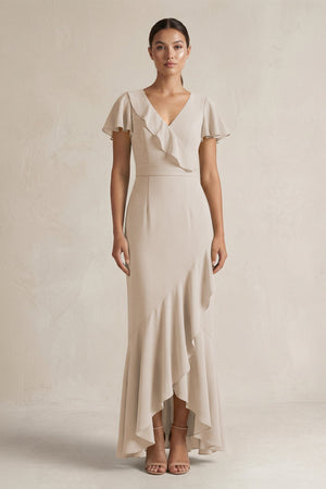 Rufffled V - Neck Sheath Chiffon Bridesmaid Dress in Frost - SHE IS ME Bridesmaid Dresses