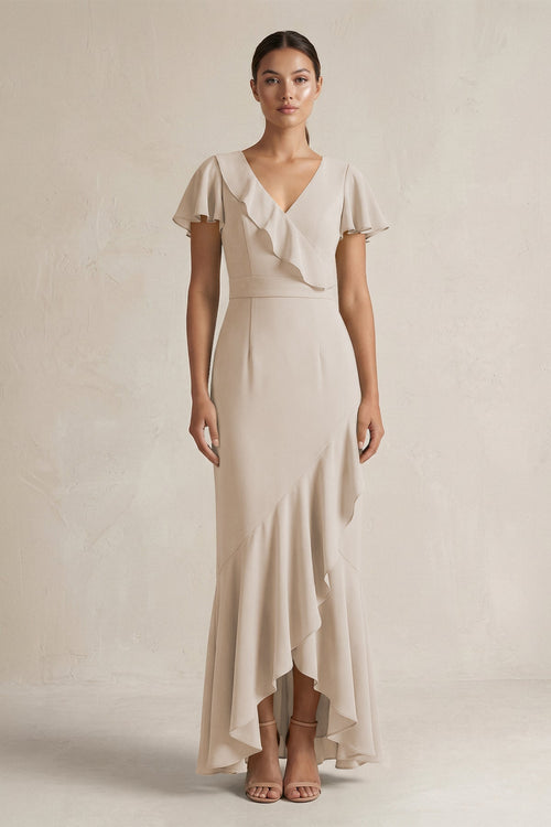 Rufffled V - Neck Sheath Chiffon Bridesmaid Dress in Frost - SHE IS ME Bridesmaid Dresses