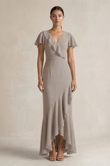 Rufffled V-Neck Sheath Chiffon Bridesmaid Dress in Frost | KISSBRIDAL
