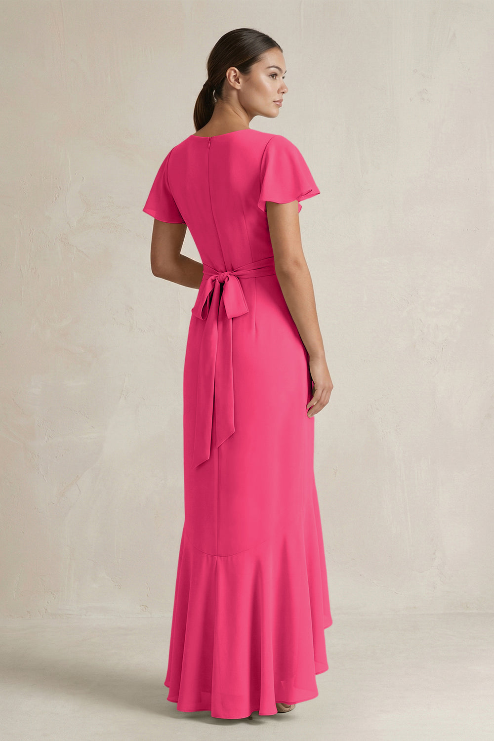 Rufffled V-Neck Sheath Chiffon Bridesmaid Dress in Fuchsia