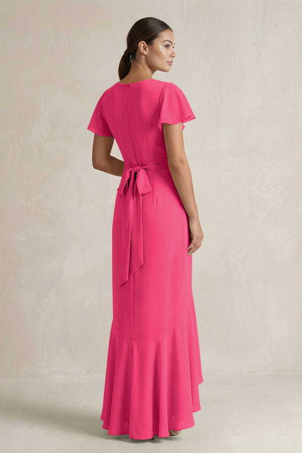 Rufffled V-Neck Sheath Chiffon Bridesmaid Dress in Fuchsia (2) | KISSBRIDAL