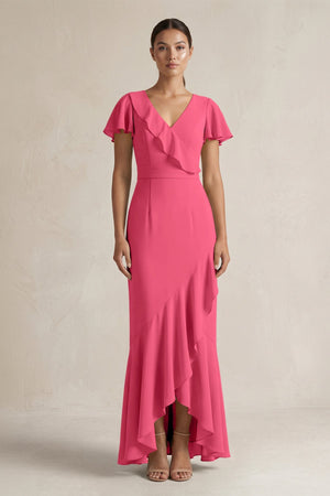Rufffled V - Neck Sheath Chiffon Bridesmaid Dress in Fuchsia - SHE IS ME Bridesmaid Dresses