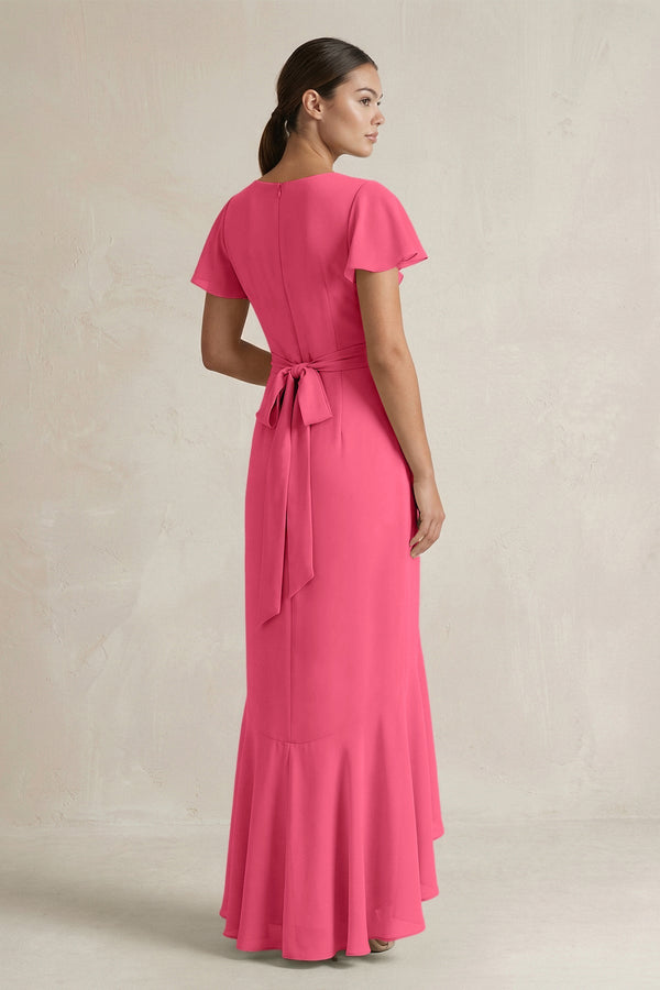 Rufffled V - Neck Sheath Chiffon Bridesmaid Dress in Fuchsia - SHE IS ME Bridesmaid Dresses