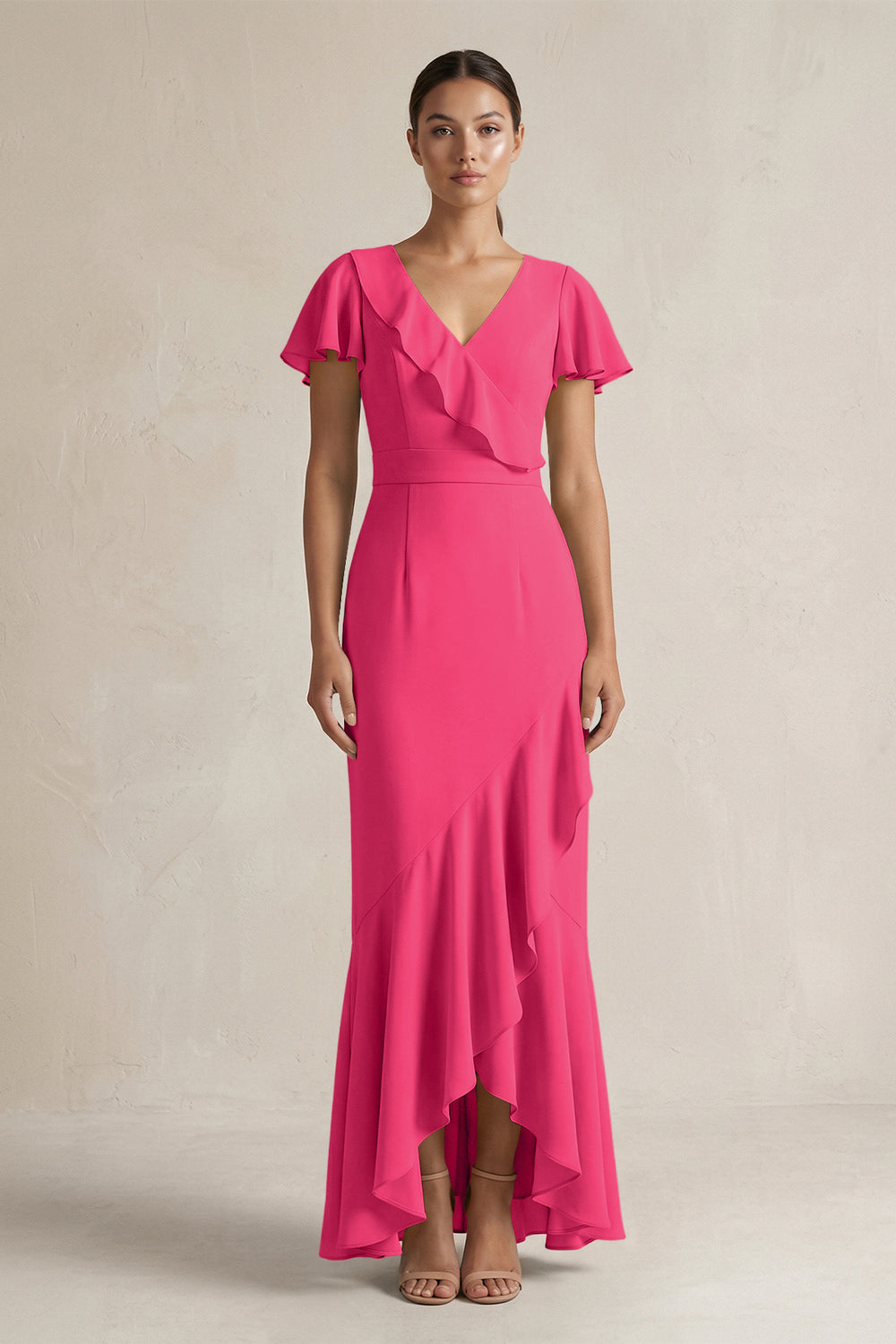 Rufffled V-Neck Sheath Chiffon Bridesmaid Dress in Fuchsia