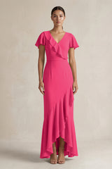 Rufffled V-Neck Sheath Chiffon Bridesmaid Dress in Fuchsia | KISSBRIDAL