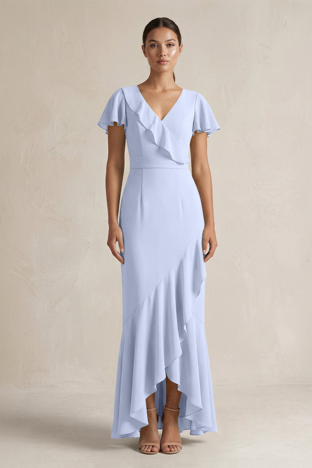 Rufffled V - Neck Sheath Chiffon Bridesmaid Dress in Ice - KISS BRIDAL Bridesmaid Dresses