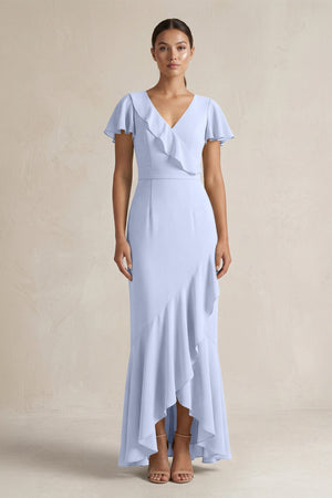 Rufffled V - Neck Sheath Chiffon Bridesmaid Dress in Ice - SHE IS ME Bridesmaid Dresses