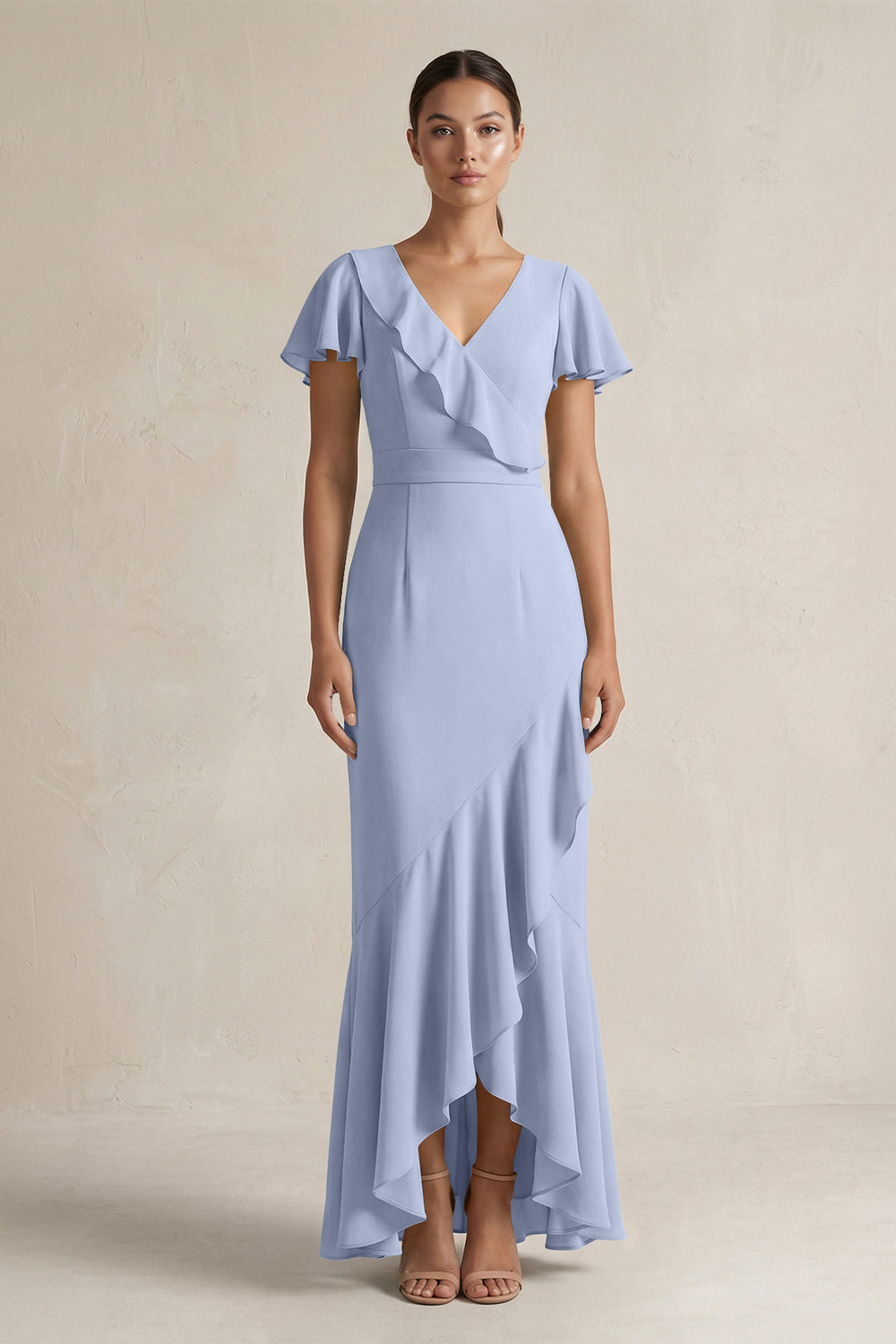 Rufffled V-Neck Sheath Chiffon Bridesmaid Dress in Ice