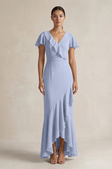 Rufffled V-Neck Sheath Chiffon Bridesmaid Dress in Ice | KISSBRIDAL
