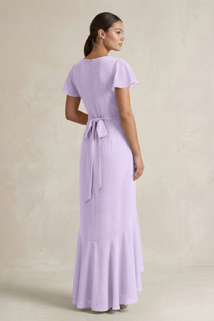 Rufffled V - Neck Sheath Chiffon Bridesmaid Dress in Lavender - SHE IS ME Bridesmaid Dresses