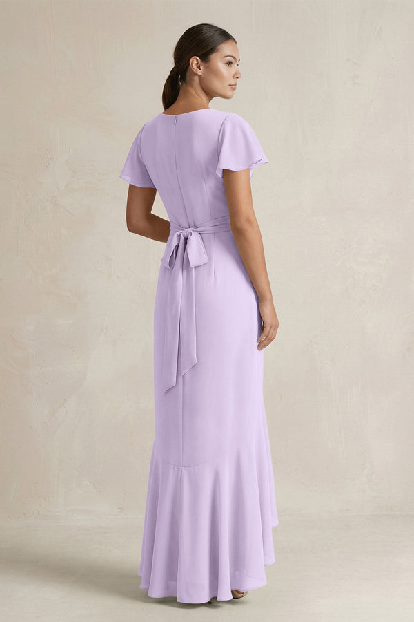 Rufffled V - Neck Sheath Chiffon Bridesmaid Dress in Lavender - SHE IS ME Bridesmaid Dresses