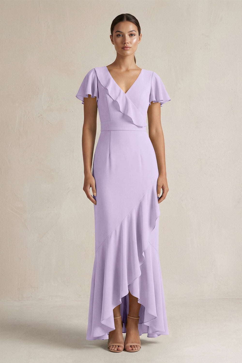 Rufffled V - Neck Sheath Chiffon Bridesmaid Dress in Lavender - KISS BRIDAL Bridesmaid Dresses