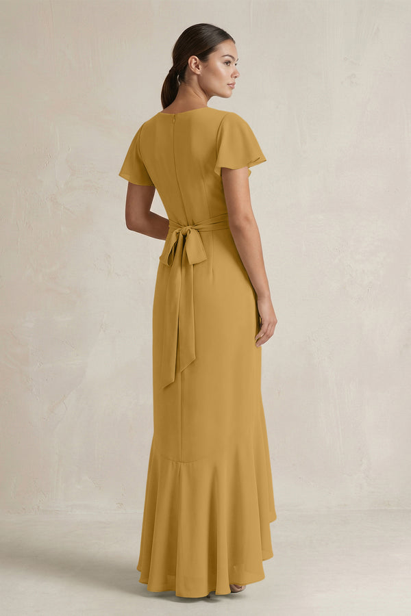 Rufffled V-Neck Sheath Chiffon Bridesmaid Dress in Marigold (2) | KISSBRIDAL