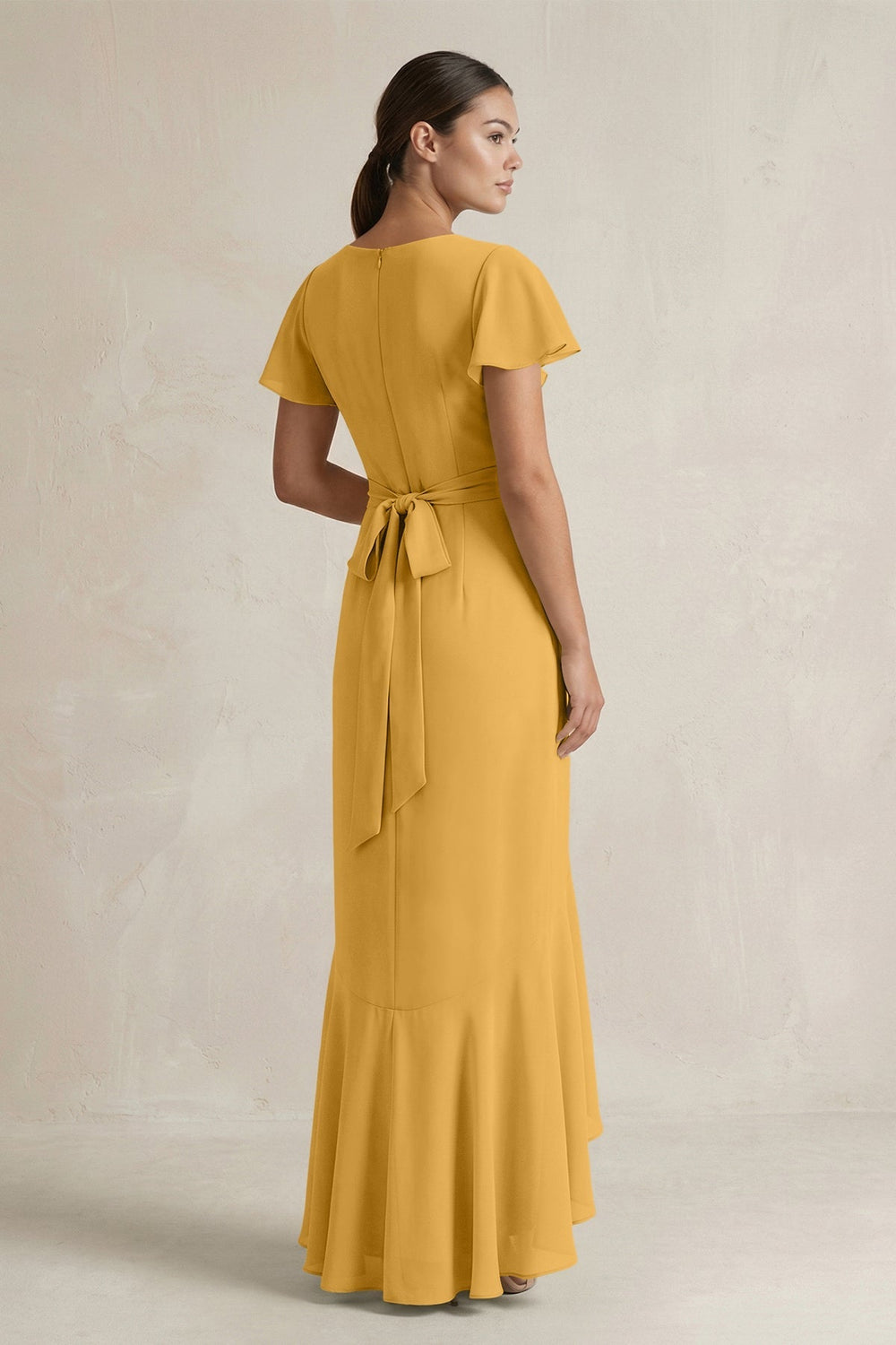 Rufffled V - Neck Sheath Chiffon Bridesmaid Dress in Marigold - KISS BRIDAL Bridesmaid Dresses