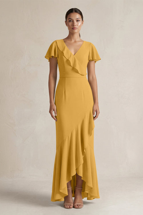 Rufffled V - Neck Sheath Chiffon Bridesmaid Dress in Marigold - SHE IS ME Bridesmaid Dresses