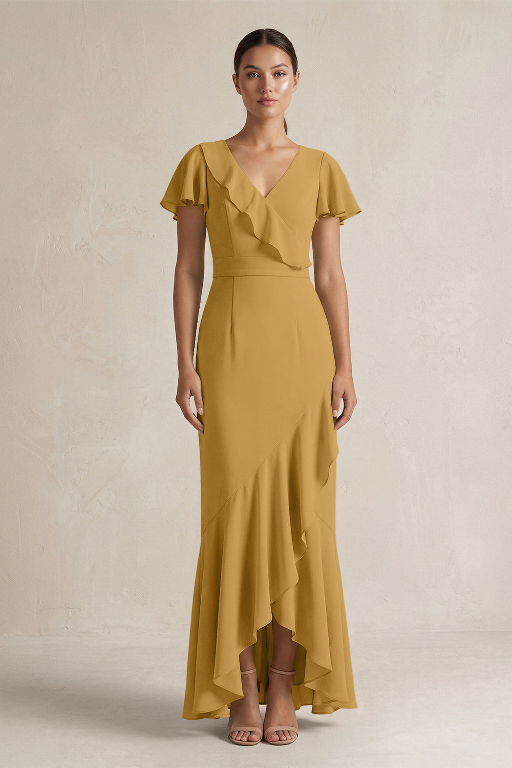 Rufffled V-Neck Sheath Chiffon Bridesmaid Dress in Marigold