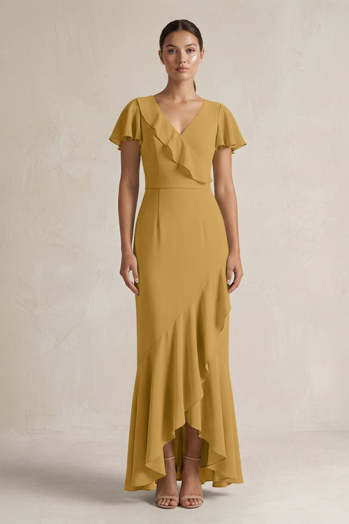 Rufffled V-Neck Sheath Chiffon Bridesmaid Dress in Marigold | KISSBRIDAL