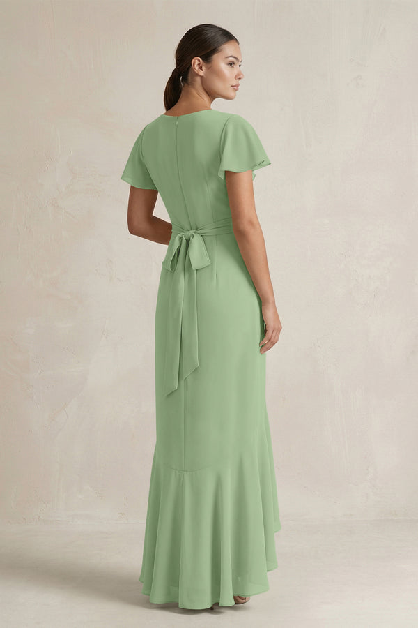 Rufffled V-Neck Sheath Chiffon Bridesmaid Dress in Matcha (2) | KISSBRIDAL