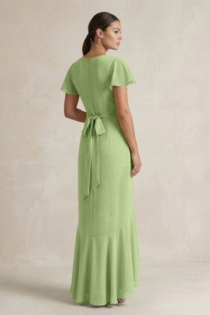 Rufffled V - Neck Sheath Chiffon Bridesmaid Dress in Matcha - SHE IS ME Bridesmaid Dresses