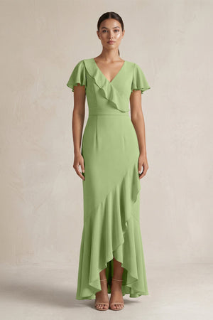 Rufffled V - Neck Sheath Chiffon Bridesmaid Dress in Matcha - SHE IS ME Bridesmaid Dresses