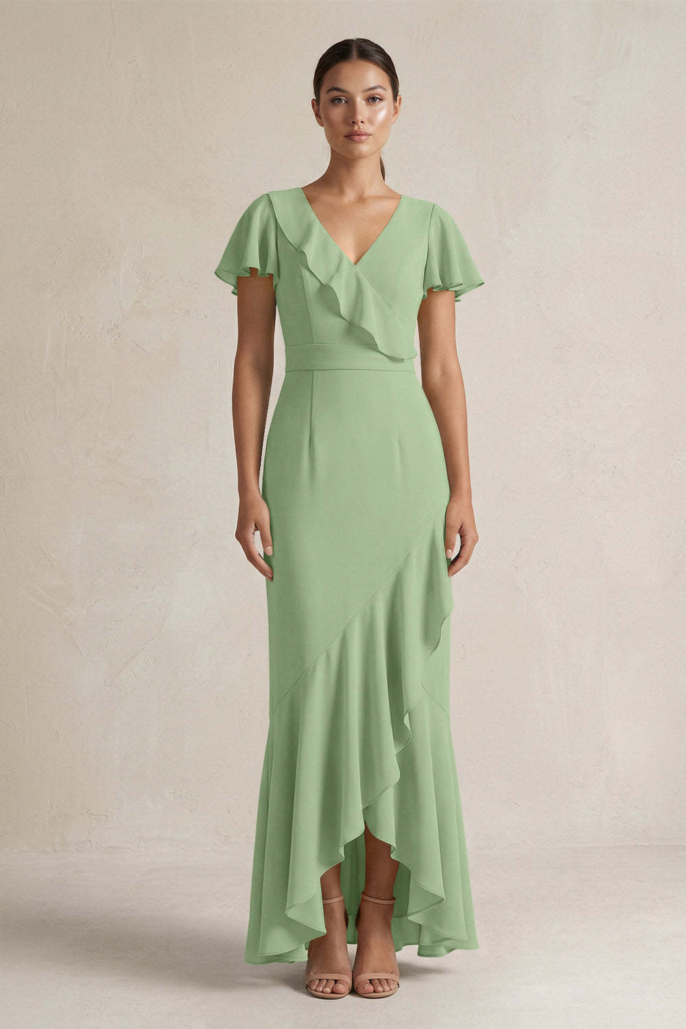 Rufffled V-Neck Sheath Chiffon Bridesmaid Dress in Matcha
