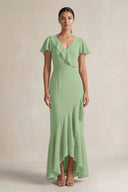 Rufffled V-Neck Sheath Chiffon Bridesmaid Dress in Matcha | KISSBRIDAL
