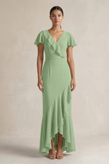 Rufffled V-Neck Sheath Chiffon Bridesmaid Dress in Matcha | KISSBRIDAL
