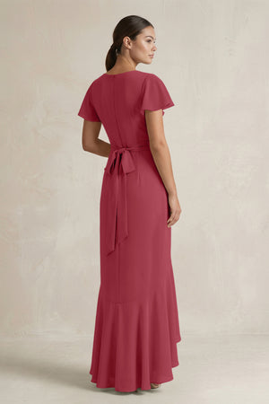 Rufffled V-Neck Sheath Chiffon Bridesmaid Dress in Merlot (2) | KISSBRIDAL