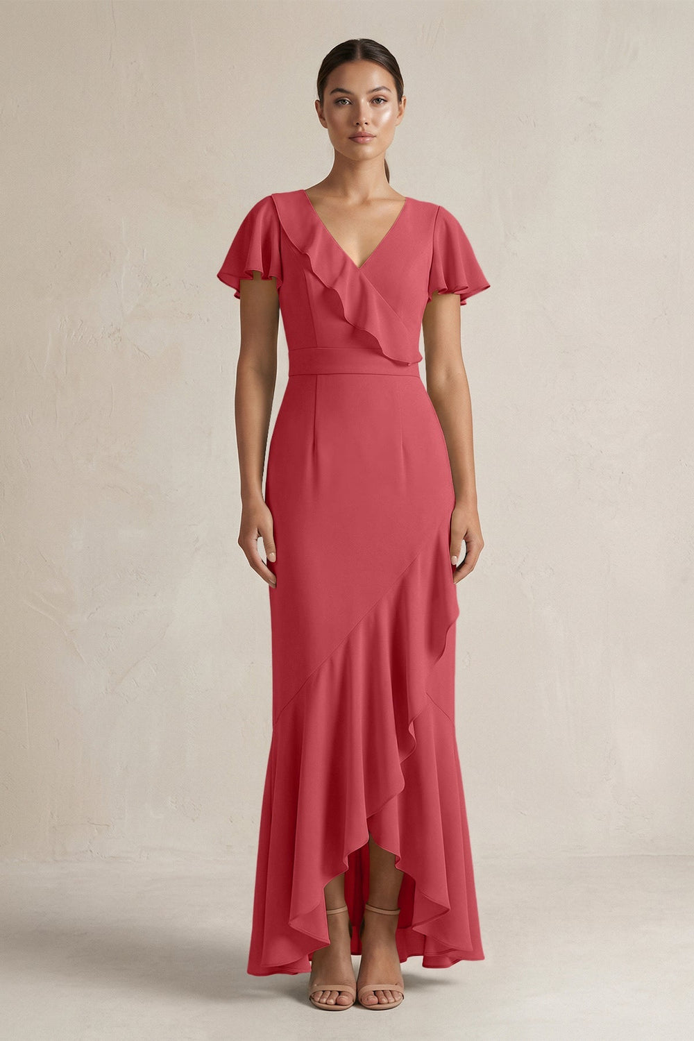 Rufffled V - Neck Sheath Chiffon Bridesmaid Dress in Merlot - KISS BRIDAL Bridesmaid Dresses
