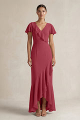 Rufffled V-Neck Sheath Chiffon Bridesmaid Dress in Merlot | KISSBRIDAL