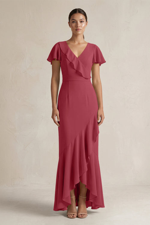 Rufffled V-Neck Sheath Chiffon Bridesmaid Dress in Merlot | KISSBRIDAL