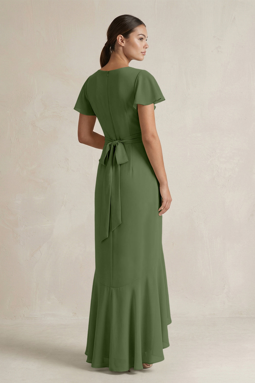 Rufffled V-Neck Sheath Chiffon Bridesmaid Dress in Moss