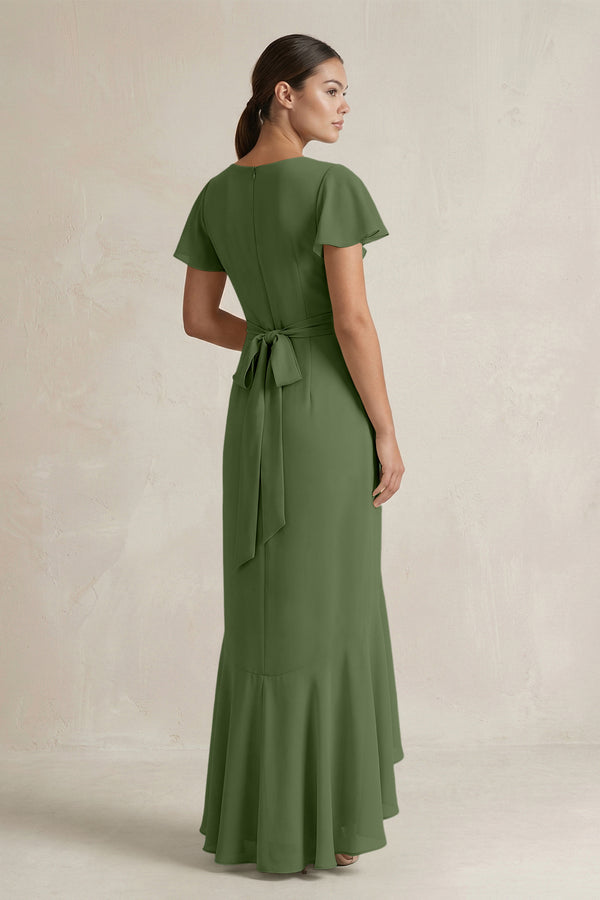 Rufffled V-Neck Sheath Chiffon Bridesmaid Dress in Moss (2) | KISSBRIDAL