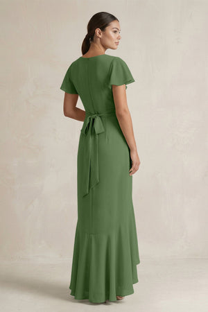Rufffled V - Neck Sheath Chiffon Bridesmaid Dress in Moss - SHE IS ME Bridesmaid Dresses