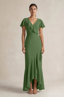 Rufffled V - Neck Sheath Chiffon Bridesmaid Dress in Moss - SHE IS ME Bridesmaid Dresses