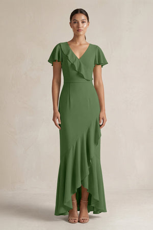 Rufffled V - Neck Sheath Chiffon Bridesmaid Dress in Moss - SHE IS ME Bridesmaid Dresses