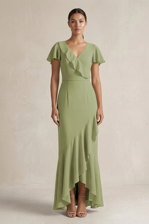 Rufffled V - Neck Sheath Chiffon Bridesmaid Dress in Moss Green - SHE IS ME Bridesmaid Dresses