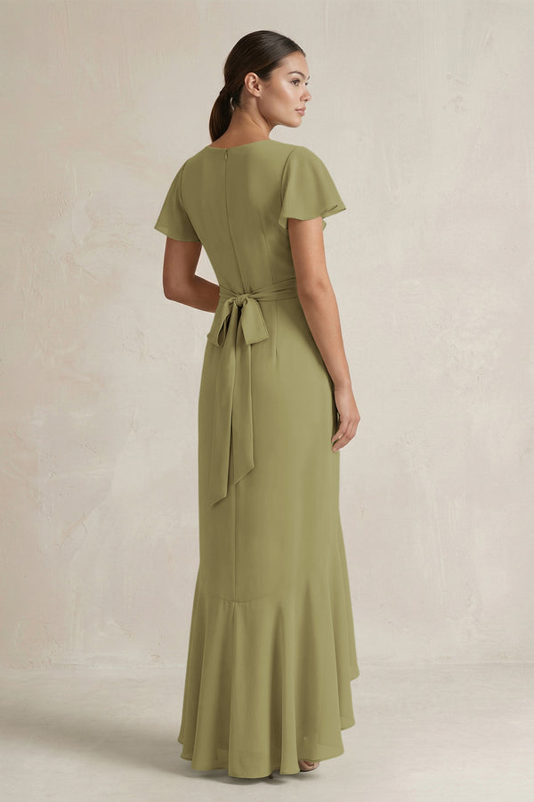 Rufffled V-Neck Sheath Chiffon Bridesmaid Dress in Moss Green (2) | KISSBRIDAL