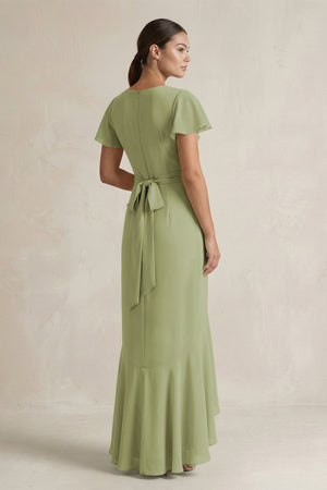 Rufffled V - Neck Sheath Chiffon Bridesmaid Dress in Moss Green - SHE IS ME Bridesmaid Dresses