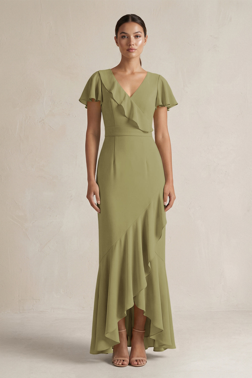Rufffled V-Neck Sheath Chiffon Bridesmaid Dress in Moss Green