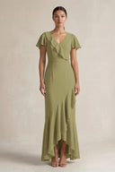 Rufffled V-Neck Sheath Chiffon Bridesmaid Dress in Moss Green | KISSBRIDAL