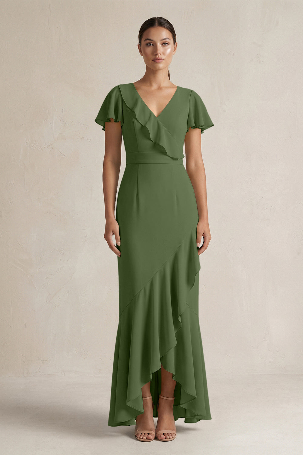 Rufffled V-Neck Sheath Chiffon Bridesmaid Dress in Moss